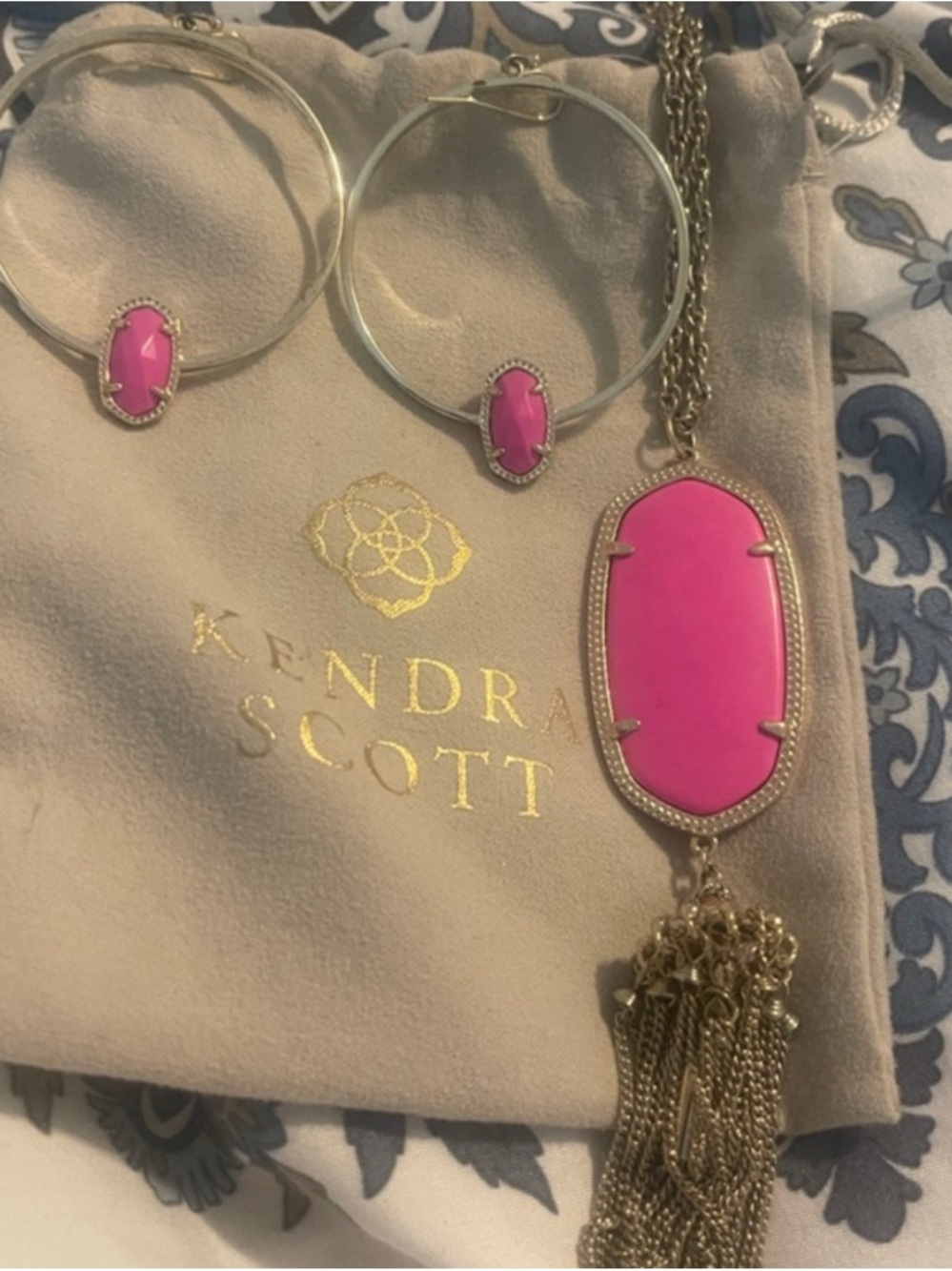 Kendra Scott Gold-Tone Necklace and Hoop Earrings with Hot Pink Stones